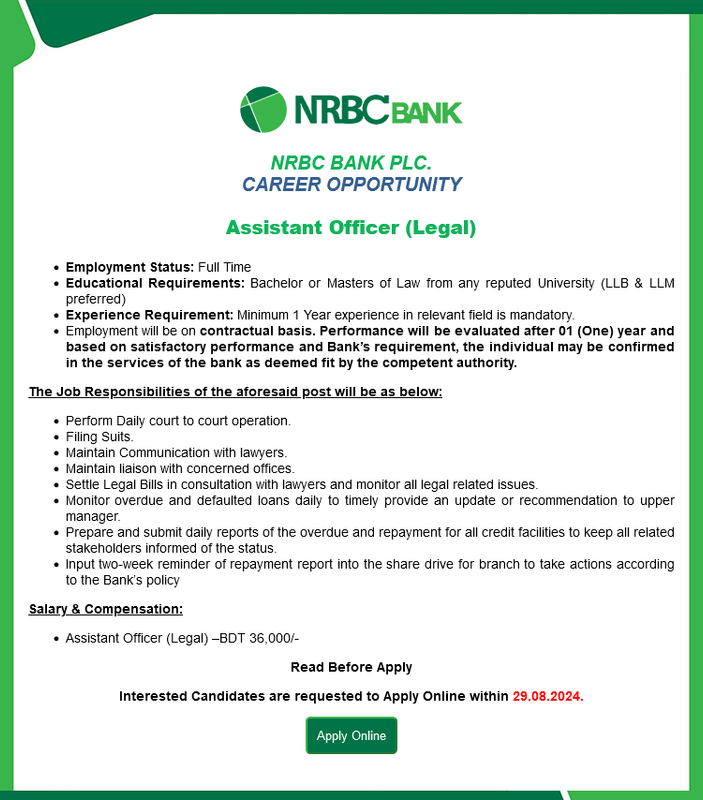 NRBC Bank Ltd Job Circular 2024