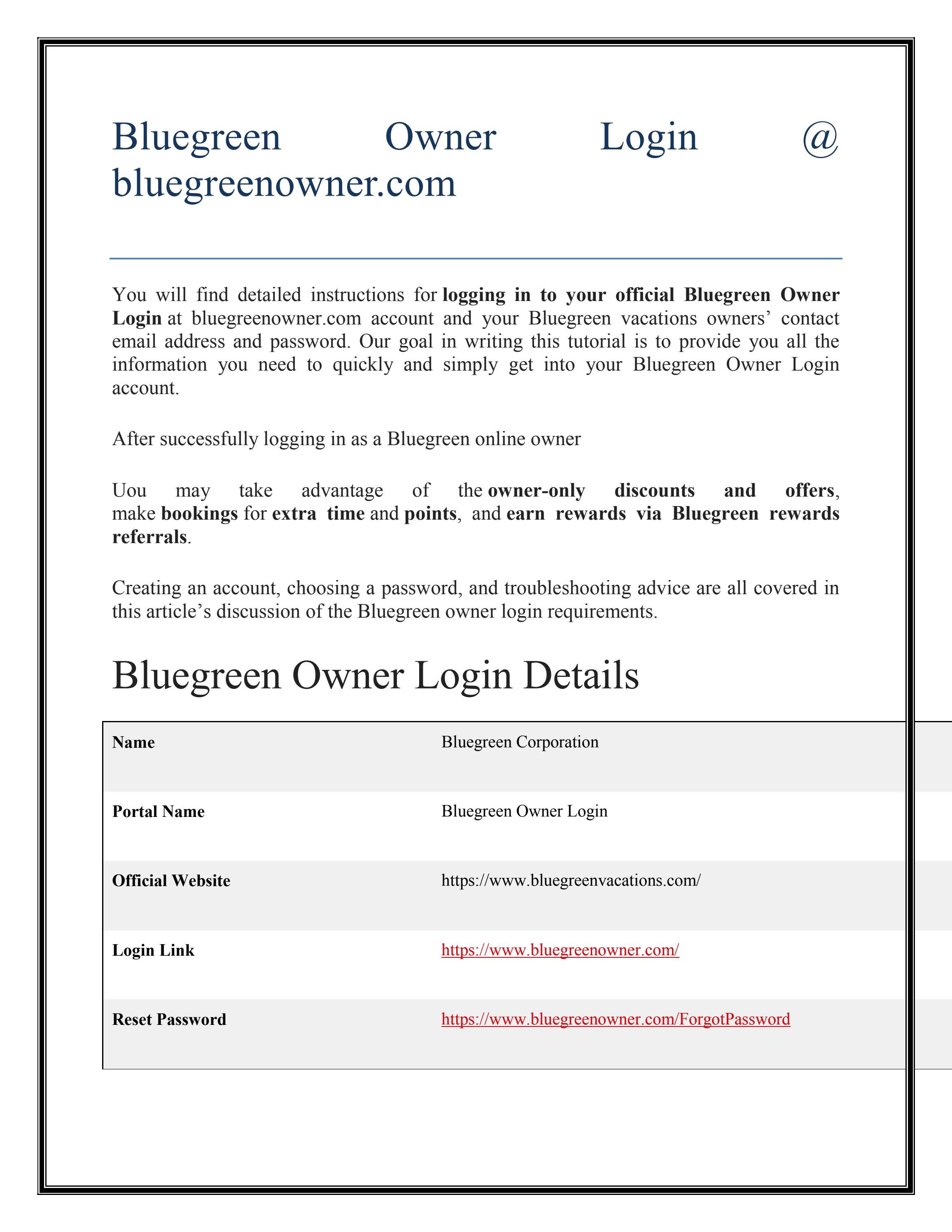 Bluegreen Online Login