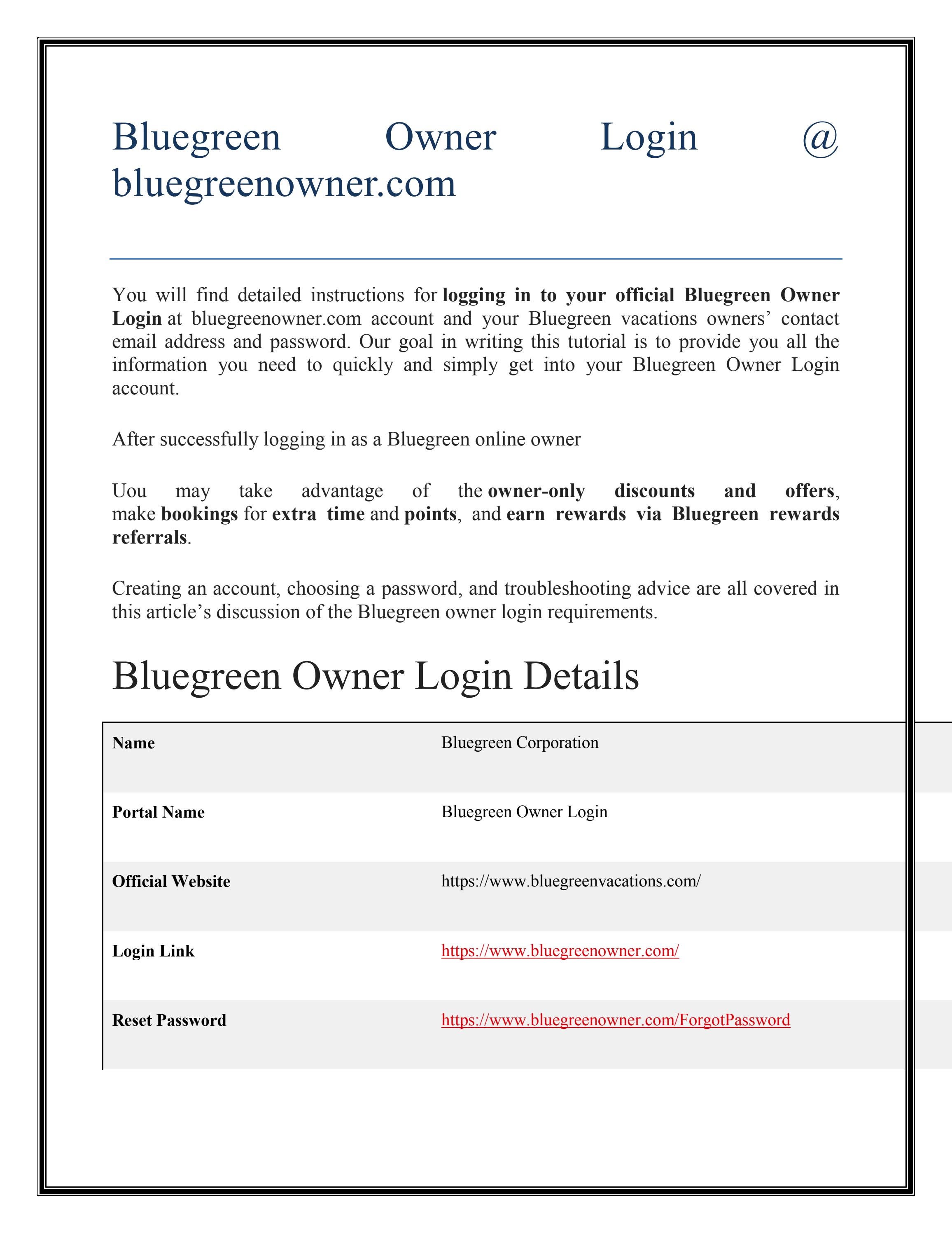 Bluegreen Resorts Owner Login