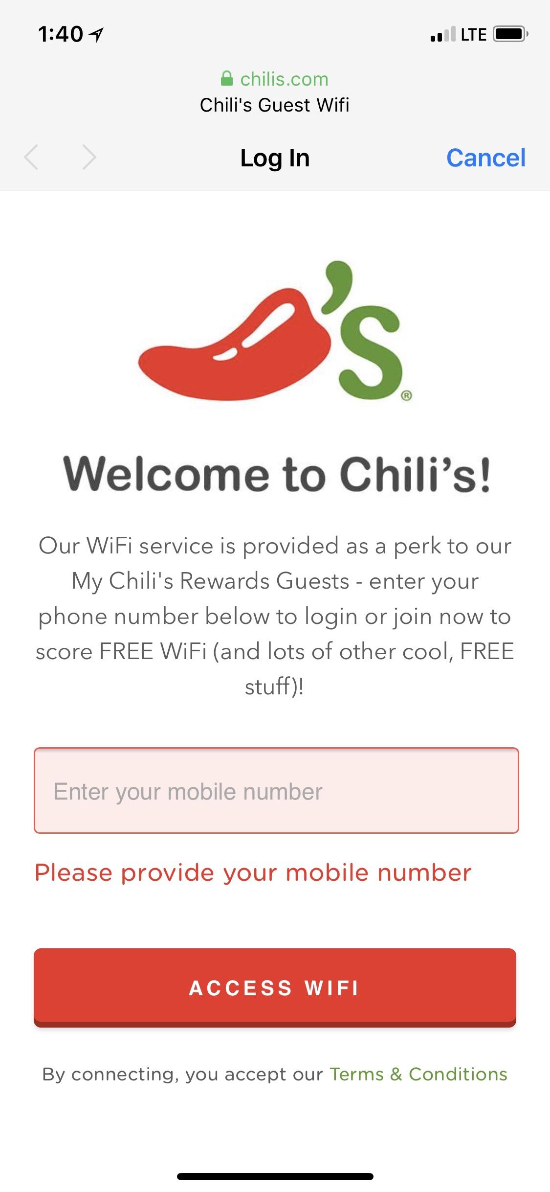 Chilis Wifi Login