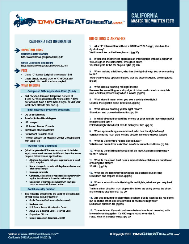 Dmv Cheat Sheet Login