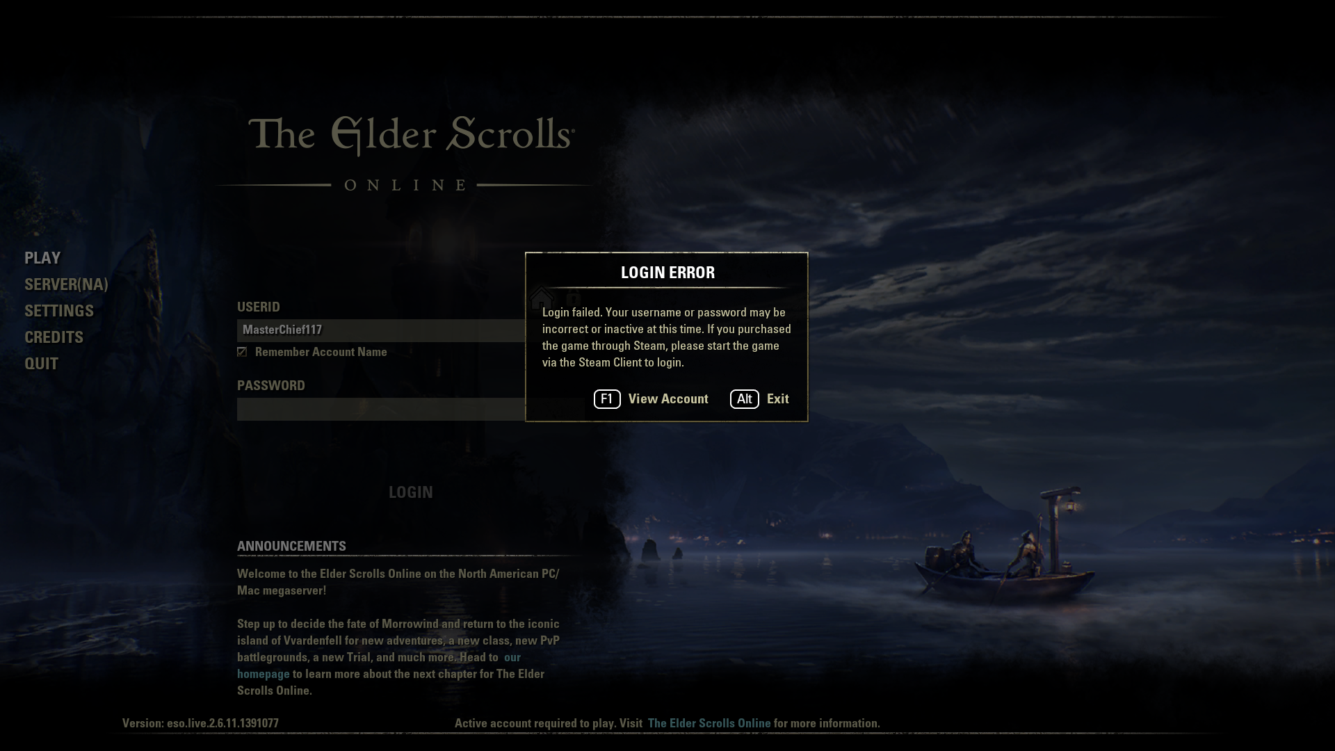 Eso Login Failed