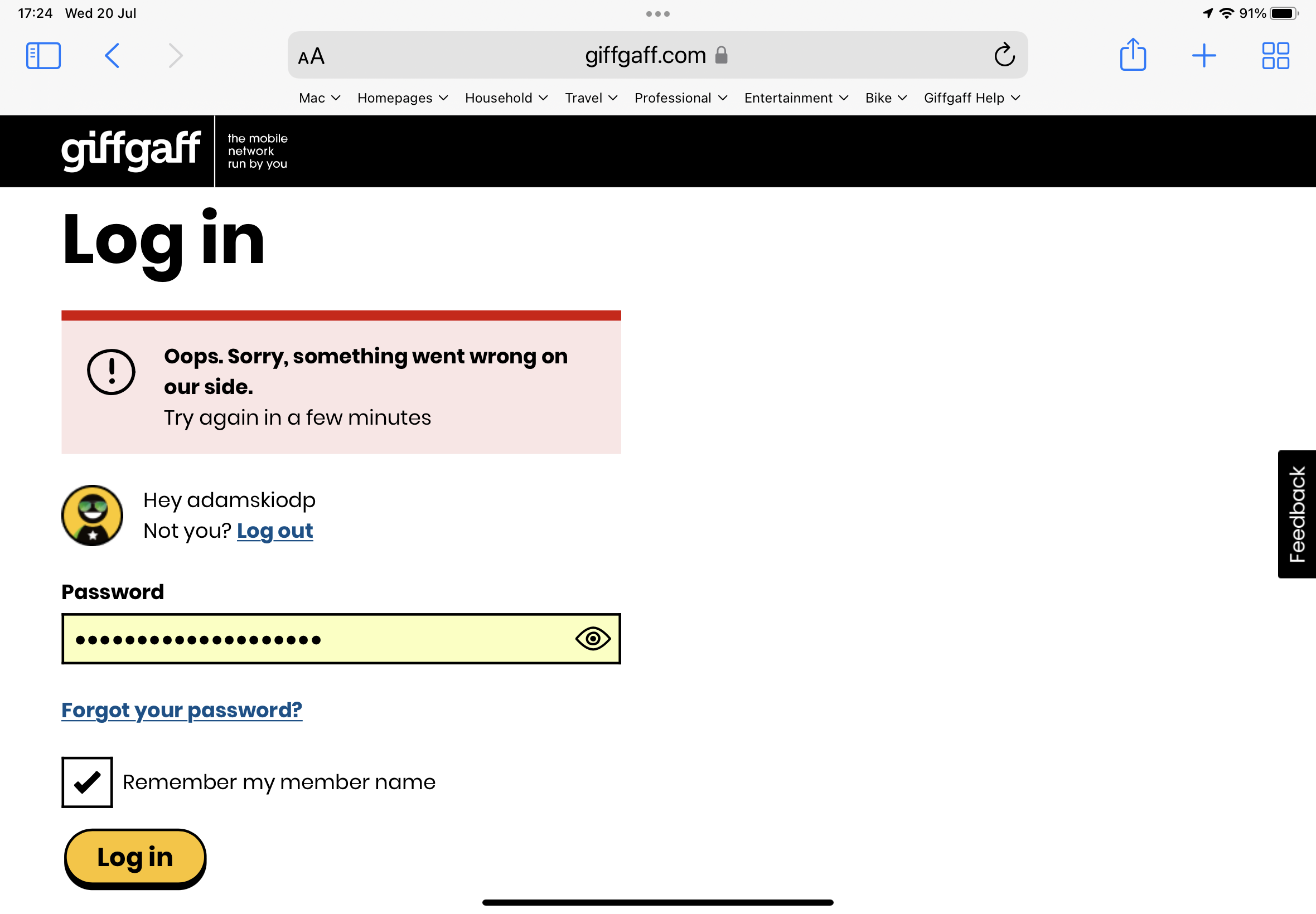 Giffgaff Login Problems