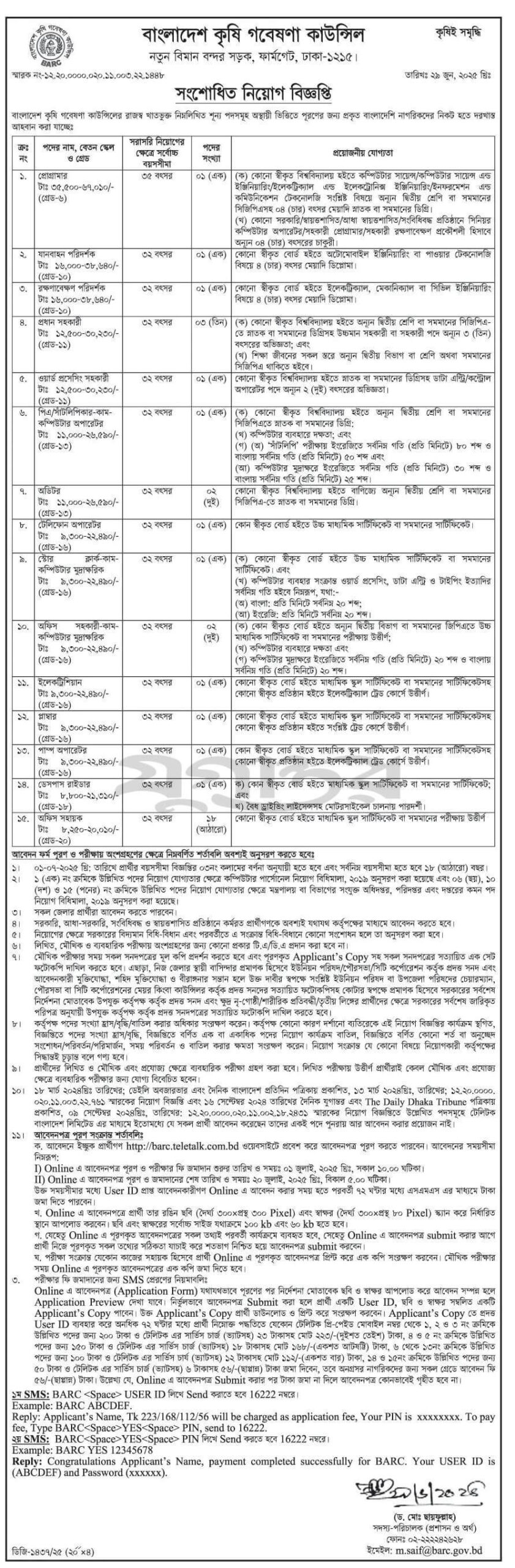 Bangladesh Agricultural Research Council BARC Job Circular 2025