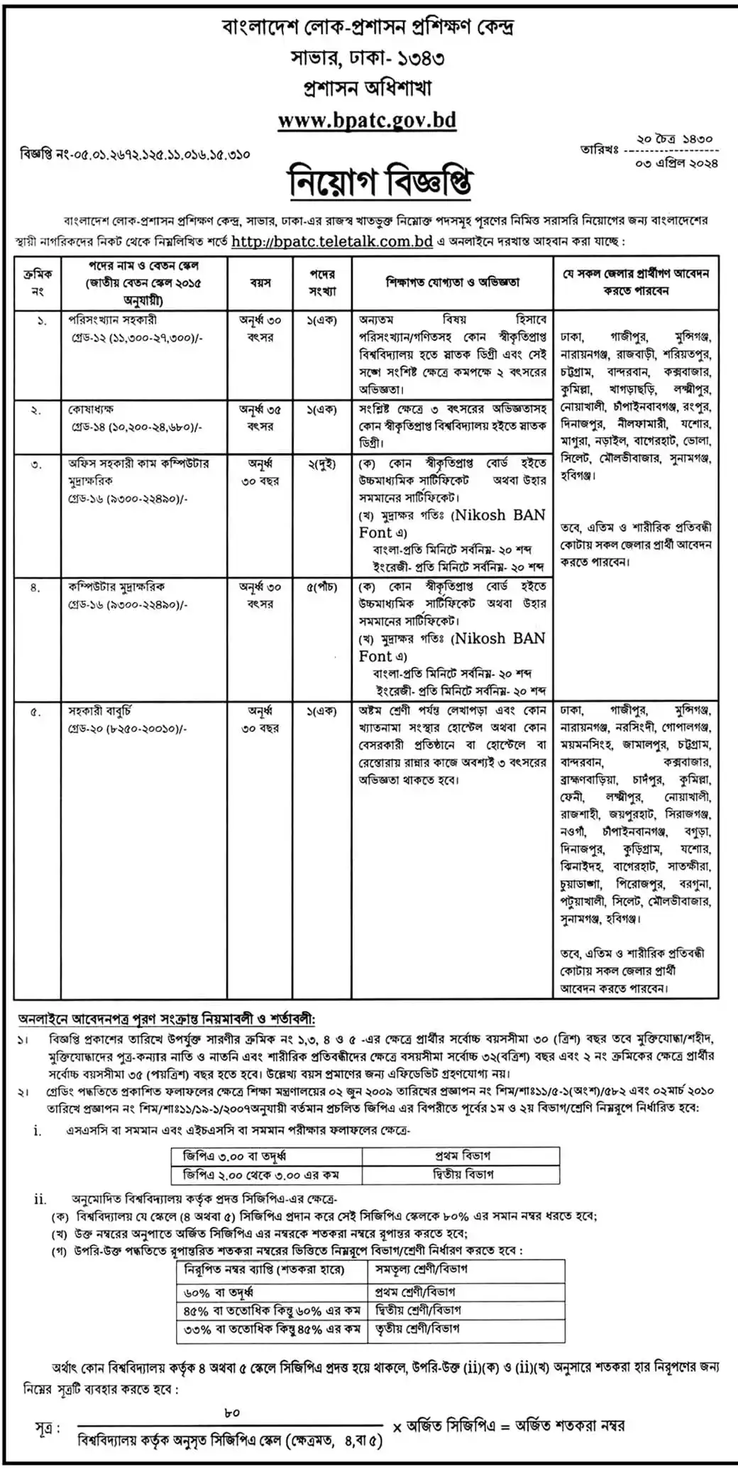 Bangladesh Public Administration Training Centre BPATC Job Circular 2024