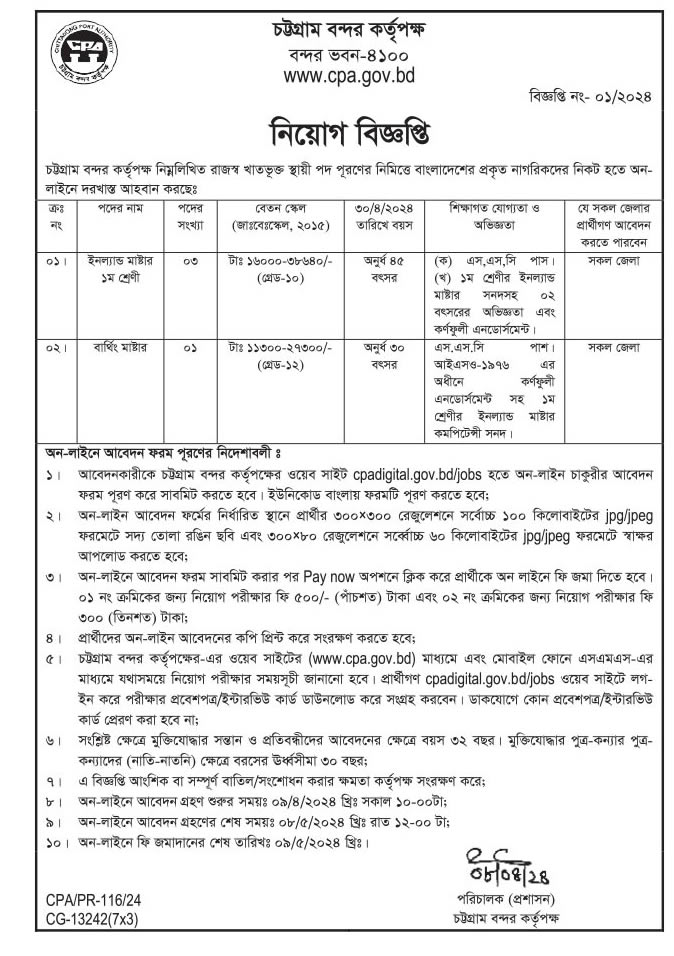 Chittagong Port Authority Job Circular 2024