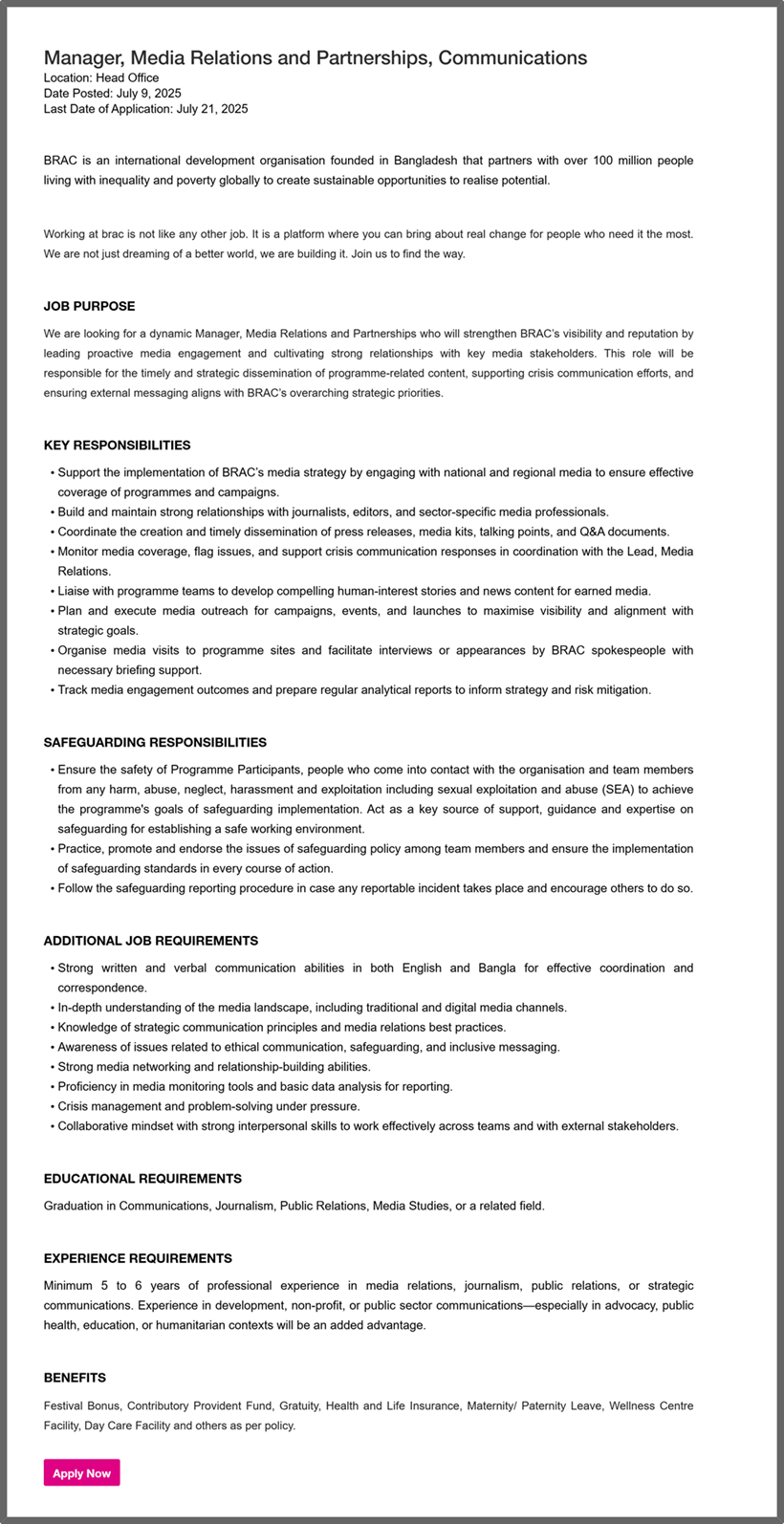Brac Job Circular 2025