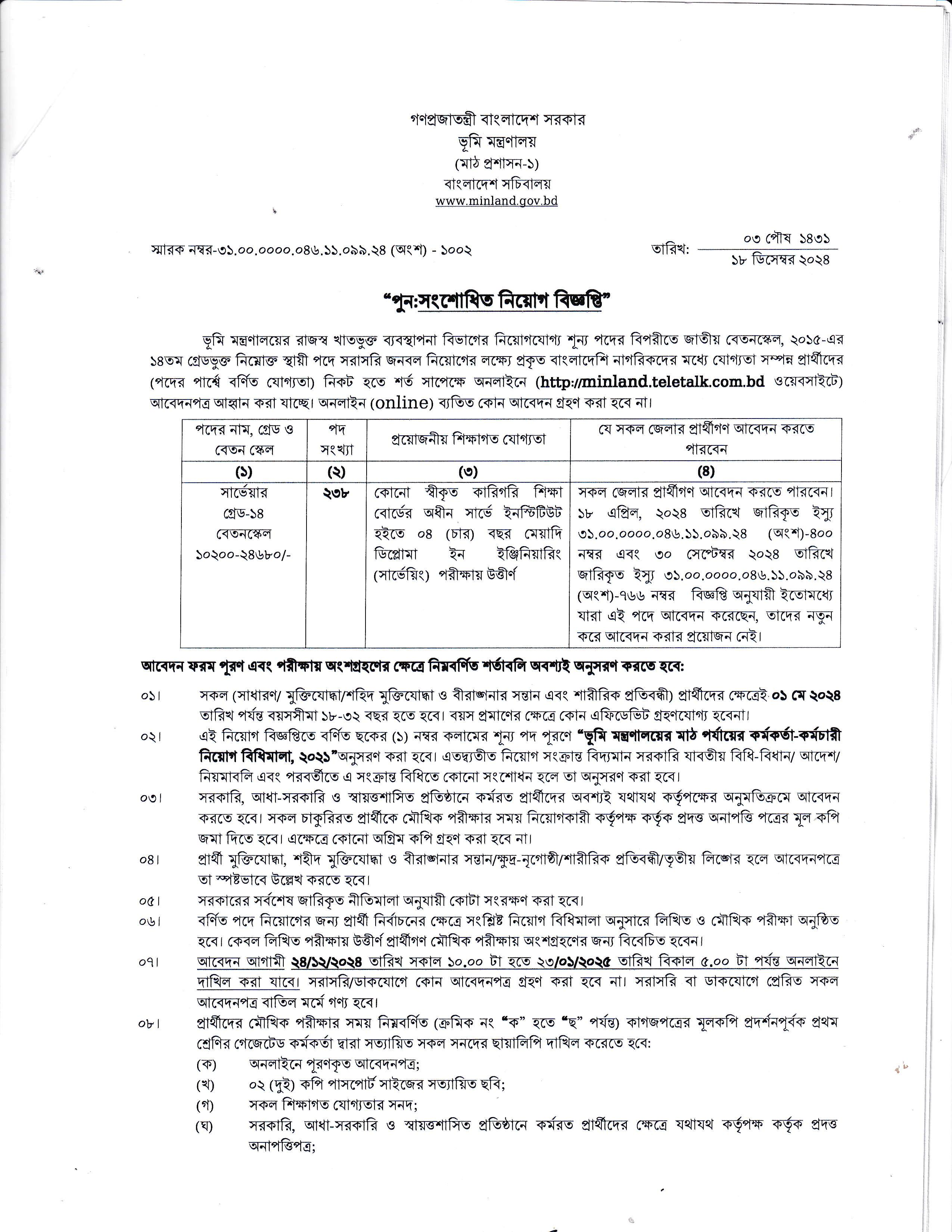 Ministry of Land Job Circular 2025