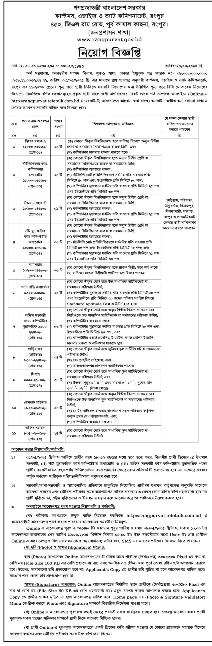RANGPUR VAT Job Circular 2025